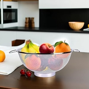 heart home fruit basket  stainless steel vegetables strainer  multipurpose fruit basket  colander basket for pasta-noodles-grains  mesh basket with handle  10 inch  silver