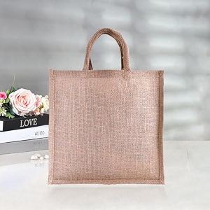 heart home jute reusable zipper grocery shopping bag with handle  plain daily utility bag  brown