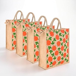 heart home 4 pcs grocery bagshopper bag with strong handles for shoppinggrocerylunch  lightweightreusable and foldable  fruits - brown