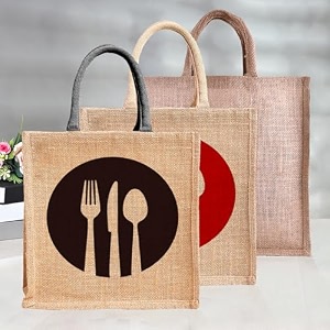 heart home jute reusable zipper grocery shopping bag with handle  plain daily utility bag  brown