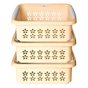 heart home multipurpose rectangle shape plastic storage basket for kitchen fruit basket office table storage organizer medium pack of 3 beige