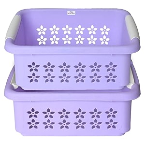 heart home multipurpose rectangle shape plastic storage basket for kitchen fruit basket office table storage organizer small pack of 2 purple