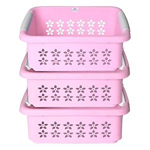 heart home multipurpose rectangle shape plastic storage basket for kitchen fruit basket office table storage organizer medium pack of 3 pink