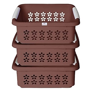 heart home multipurpose rectangle shape plastic storage basket for kitchen fruit basket office table storage organizer medium pack of 3 brown