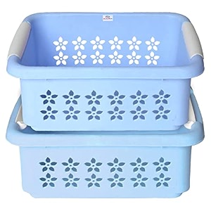 heart home multipurpose rectangle shape plastic storage basket for kitchen fruit basket office table storage organizer medium pack of 2 sky blue