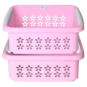 heart home multipurpose rectangle shape plastic storage basket for kitchen fruit basket office table storage organizer medium pack of 2 pink