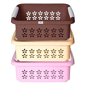 heart home multipurpose rectangle shape plastic storage basket for kitchen fruit basket office table storage organizer large pack of 3 brown beige pink