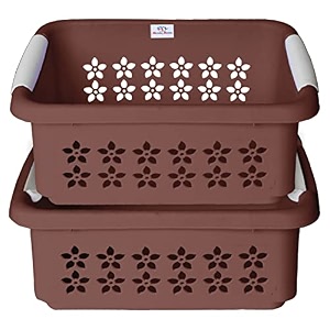 heart home multipurpose rectangle shape plastic storage basket for kitchen fruit basket office table storage organizer small pack of 2 brown