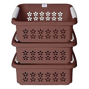 heart home multipurpose rectangle shape plastic storage basket for kitchen fruit basket office table storage organizer large pack of 3 brown