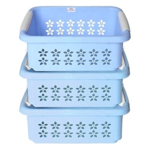 heart home multipurpose rectangle shape plastic storage basket for kitchen fruit basket office table storage organizer medium pack of 3 sky blue