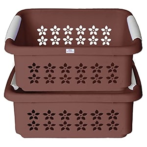 heart home multipurpose rectangle shape plastic storage basket for kitchen fruit basket office table storage organizer large pack of 2 brown