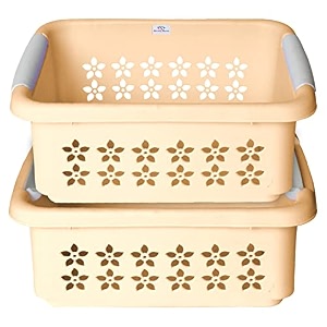 heart home multipurpose rectangle shape plastic storage basket for kitchen fruit basket office table storage organizer small pack of 2 beige