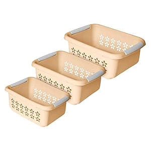 heart home multipurpose rectangle shape plastic storage basket for kitchen fruit basket office table storage organizer small medium large pack of 3 beige