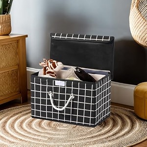 heart home multipurpose storage box for wardrobe with lid amp handle  large space-saving container boxes for storage clothes - ideal for bathroom amp kitchen  check print - black