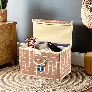 heart home multipurpose storage box for wardrobe with lid amp handle  large space-saving container boxes for storage clothes - ideal for bathroom amp kitchen  check print - brown