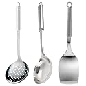 Heart Home Multiuses Serving &amp; Cooking Stainless Steel Kitchen Tool &amp; Utensil, Set of 3 (Skimmer &amp; Spatula &amp; Ladle) (Silver)