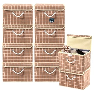 heart home pack of 10 multipurpose storage box for wardrobe with lid amp handle  large space-saving container boxes for storage clothes - ideal for bathroom amp kitchen  check print - brown