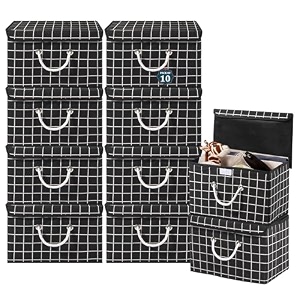 heart home pack of 10 multipurpose storage box for wardrobe with lid amp handle  large space-saving container boxes for storage clothes - ideal for bathroom amp kitchen  check print - black