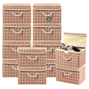 heart home pack of 12 multipurpose storage box for wardrobe with lid amp handle  large space-saving container boxes for storage clothes - ideal for bathroom amp kitchen  check print - brown