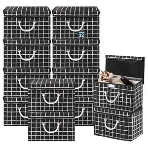 heart home pack of 12 multipurpose storage box for wardrobe with lid amp handle  large space-saving container boxes for storage clothes - ideal for bathroom amp kitchen  check print - black