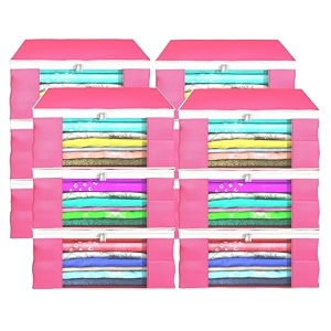 heart home pack of 12 saree covers  foldable storage bag for almirah amp wardrobe  non-woven saree bags 9 inch clothes bag for women white piping sari cover bags  pink