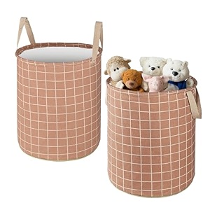 heart home pack of 2 cotton 45l toys organizer for kids room - foldable soft toys storage bagbasketcontainer with handle  checks -light brown