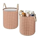 Heart Home Pack of 2 Cotton 45L Toys Organizer for Kids Room - Foldable Soft Toys Storage Bag/Basket/Container with Handle | Checks -Light Brown