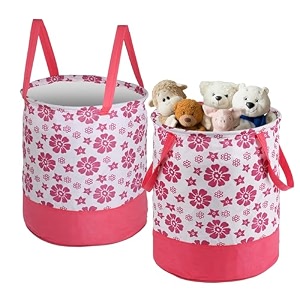 heart home pack of 2 foldable 45l toys organizer for kids room - toys storage bagbasketcontainer with handles  floral print - pink amp white