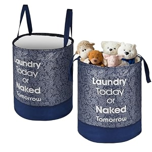 heart home pack of 2 foldable 45l toys organizer for kids room - soft toys storage bagbasketcontainer with handles  leaf print -blue