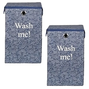 heart home foldable laundry basket for clothes  non-woven round laundry basket  washing clothes storage basket  toy storage organizer  45 ltr  flower-print  navy blue