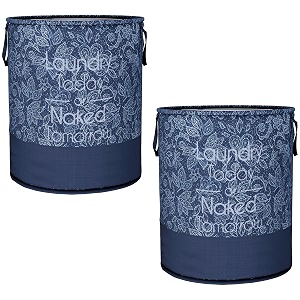 heart home pack of 2 foldable laundry basket for clothes  non-woven round laundry basket  washing clothes storage basket  toy storage organizer  45 ltr  flower-print  navy blue