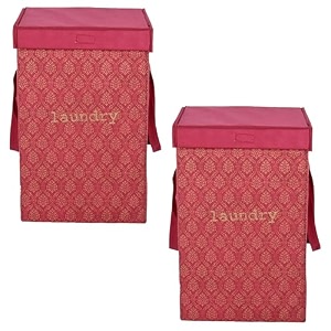heart home pack of 2 foldable laundry basket for clothes  laundry bag with lid amp handle  cloth storage box for washing  toy storage organizer  75 ltr  golden print  maroon