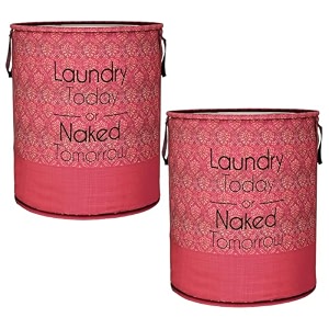 heart home pack of 2 foldable laundry basket for clothes  non-woven round laundry basket  washing clothes storage basket  toy storage organizer  45 ltr  golden-print  maroon