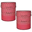 Heart Home Pack of 2 Foldable Laundry Basket for Clothes | Non-Woven Round Laundry Basket | Washing Clothes Storage Basket | Toy Storage Organizer | 45 LTR | Golden-Print | Maroon