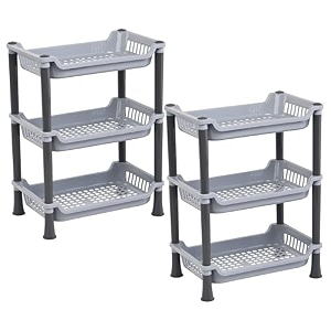 heart home pack of 2 multipurpose 3-tier collapsible plastic racks for kitchen storage  space-saving spice rack organizer - kitchen accessories for pantry oil stand amp countertop  light grey