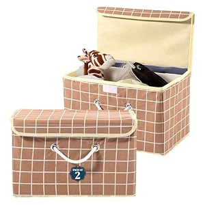 heart home pack of 2 multipurpose storage box for wardrobe with lid amp handle  large space-saving container boxes for storage clothes - ideal for bathroom amp kitchen  check print - brown