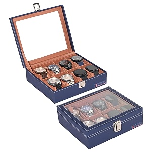 heart home pack of 2 premium faux leather see through 8 slots wrist watch organiser box for men amp women  watch storage box organizer  watch collection boxcaseholder  navy blue