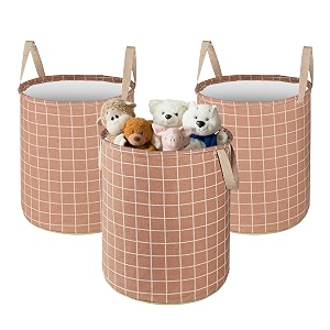 heart home pack of 3 cotton 45l toys organizer for kids room - foldable soft toys storage bagbasketcontainer with handle  checks -light brown