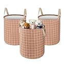 Heart Home Pack of 3 Cotton 45L Toys Organizer for Kids Room - Foldable Soft Toys Storage Bag/Basket/Container with Handle | Checks -Light Brown