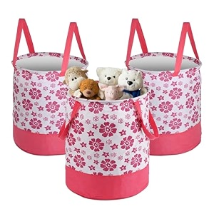 heart home foldable 45l toys organizer for kids room - soft toys storage bagbasketcontainer with handles  floral print - pink amp white