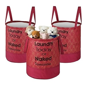 heart home pack of 3 foldable 45l toys organizer for kids room - soft toys storage bagbasketcontainer with handles  royal print -maroon