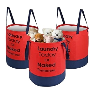 heart home pack of 3 foldable 45l toys organizer for kids room - soft toys storage bagbasketcontainer with handles  red amp blue