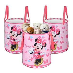 heart home pack of 3 foldable 45l toys organizer for kids room - soft toys storage bagbasketcontainer with handles  disney minnie - pink