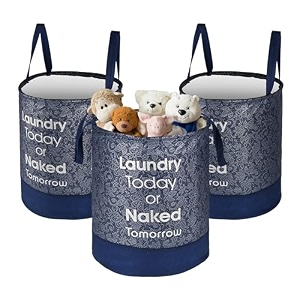 heart home pack of 3 foldable 45l toys organizer for kids room - soft toys storage bagbasketcontainer with handles  leaf print -blue