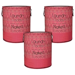 heart home pack of 3 foldable laundry basket for clothes  non-woven round laundry basket  washing clothes storage basket  toy storage organizer  45 ltr  golden-print  maroon