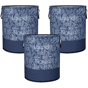 heart home pack of 3 foldable laundry basket for clothes  non-woven round laundry basket  washing clothes storage basket  toy storage organizer  45 ltr  flower-print  navy blue