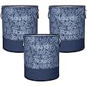 Heart Home Pack of 3 Foldable Laundry Basket for Clothes | Non-Woven Round Laundry Basket | Washing Clothes Storage Basket | Toy Storage Organizer | 45 LTR | Flower-Print | Navy Blue
