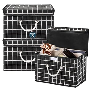 heart home pack of 3 multipurpose storage box for wardrobe with lid amp handle  large space-saving container boxes for storage clothes - ideal for bathroom amp kitchen  check print - black