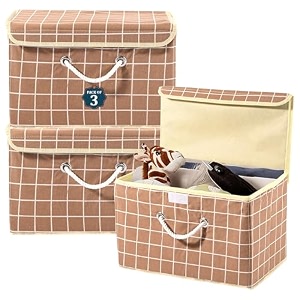 heart home pack of 3 multipurpose storage box for wardrobe with lid amp handle  large space-saving container boxes for storage clothes - ideal for bathroom amp kitchen  check print - brown