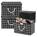 Heart Home Pack of 3 Multipurpose Storage Box For Wardrobe With Lid &amp; Handle | Large Space-Saving Container Boxes For Storage Clothes - Ideal For Bathroom &amp; Kitchen | Check Print - Black